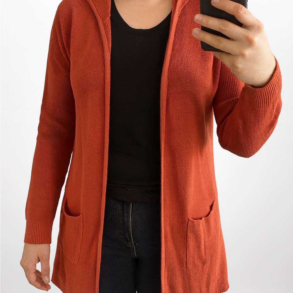 Verve Ami Rust Orange Hooded Cardigan Size M Open Front Knit Longline Sweater